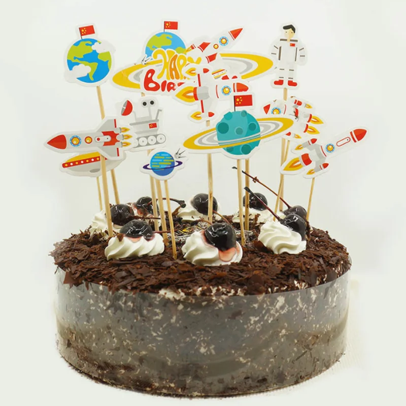 

1 set Creative Spacecraft Rocket Universe Collection Cake Topper with Toothpick for Birthday Party Decoration Dessert Gifts