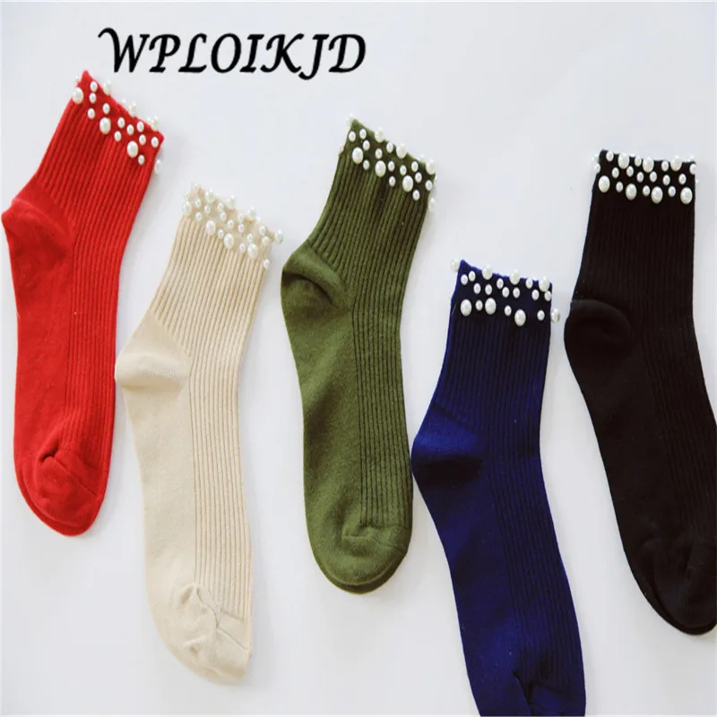 [WPLOIKJD] корейские модные носки два ряда жемчужных женских японских Харадзюку Meias короткие карамельные цвета Calcetines Mujer