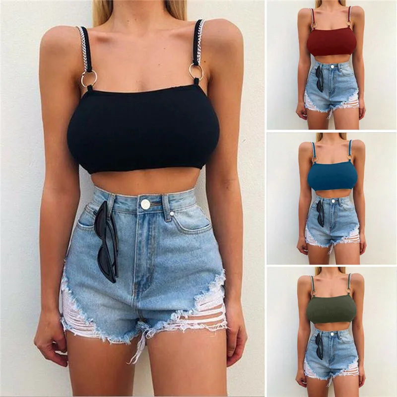 

2019 Sexy Women Solid Strappy Tanks Vest Crop Top Summer Sleeveless Slash Neck Tanks Beach Women Sports Tank Tops