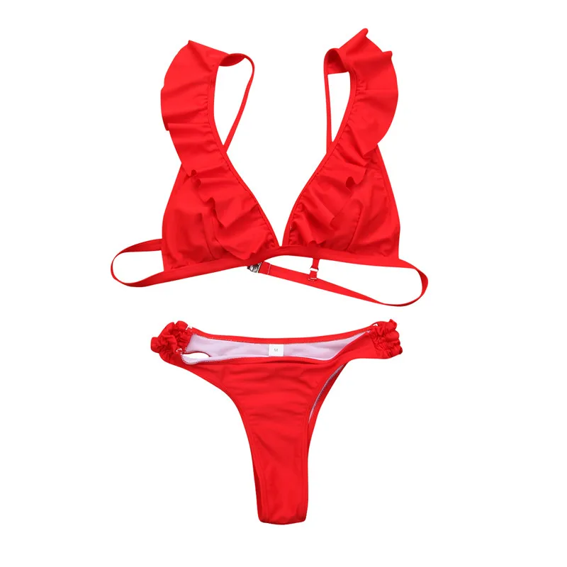 Red Women Swimwear Bikinis Summer Ruffles Push up Padded Bra Bandage ...