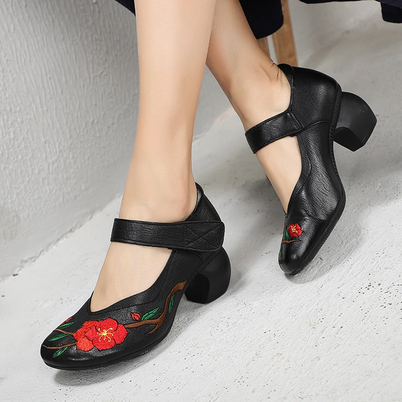 

Embroidery Floral Shoes Pumps For Women Latest Handmade Natural Leather Mom High Heel Shoes Block Heel Lady Mary Janes Shoes