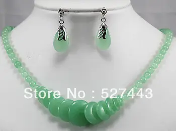 

Wholesale free shipping >>set Pretty real nature green stone coin necklace tear drop earring set