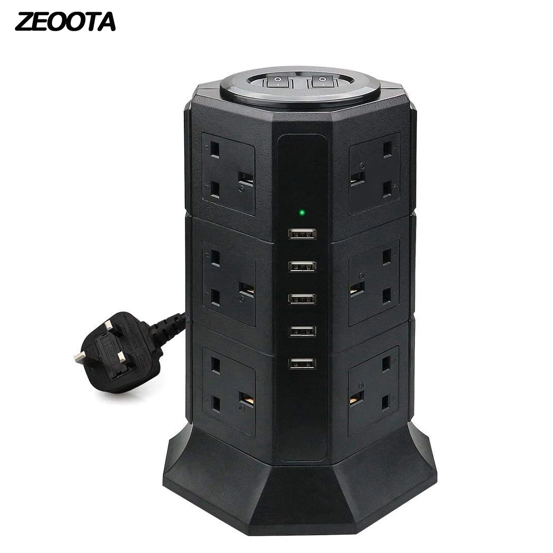 

Power Strip Vertical 8/12 UK Plug Outlet Sockets with USB Charging Surge Protector 6.6ft/2m Extension Cord for Home Appliances