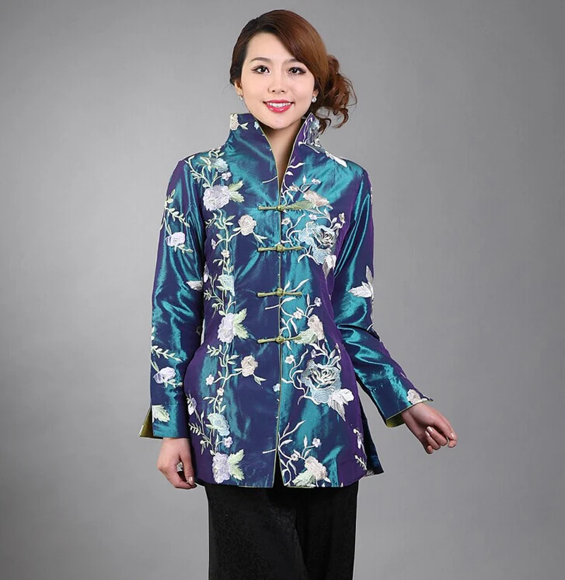 Spring Autumn Blue Chinese Style Embroidery Jacket Female Silk Satin