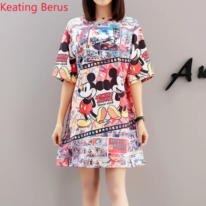 

2019 Fashion Summer Long Women's T-shirt Cute Cartoon Mickey Mouse Printing Short-sleeved Round Neck Loose 2XL Women's Tops 1605