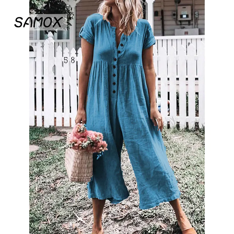 

JSMY Summer Sexy Button Cotton Linen Solid Color Wide Leg Straight Jumpsuit Trousers