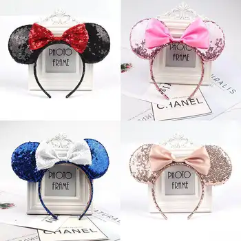 

Hot 10pcs Rose Gold hair Sequins Mickey Minnie Mouse Ears solid black headband boy birthday party celebration