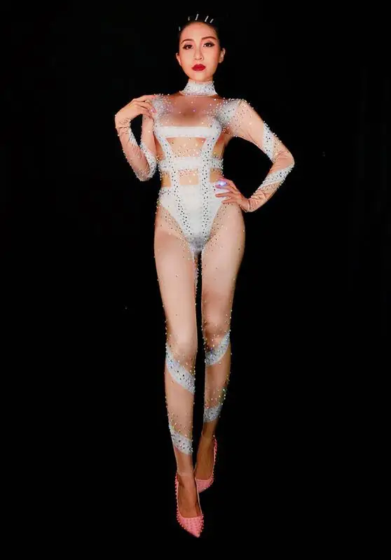 

2018 Women Fashion Rompers Rhinestones Jumpsuit long Sleeves Stretch Sexy Nude Bodysuit Stage Performance Party One-piece outfit