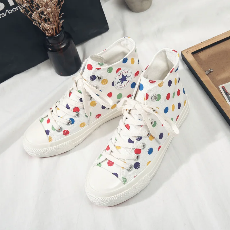 

Sneakers Woman Vulcanized Shoes Lady Female Casual Shoes Polka Dots High Top Lace Up Classic Canvas Shoes Black White Flat Heel