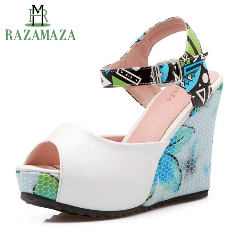 

RAZAMAZA Lady Bohemia High Wedges Sandals Print Ankel Strap Peep Toe Summer Shoes Women Platform Vacation Footwear Size 33-43