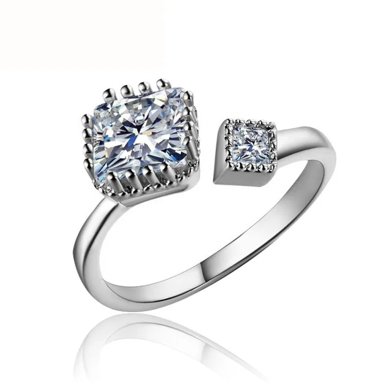 

Fashion Luxury Atractive Engagement Jewelry Sample Silver Color Big Double Square White Krystal Openning Rings For Women ZK50