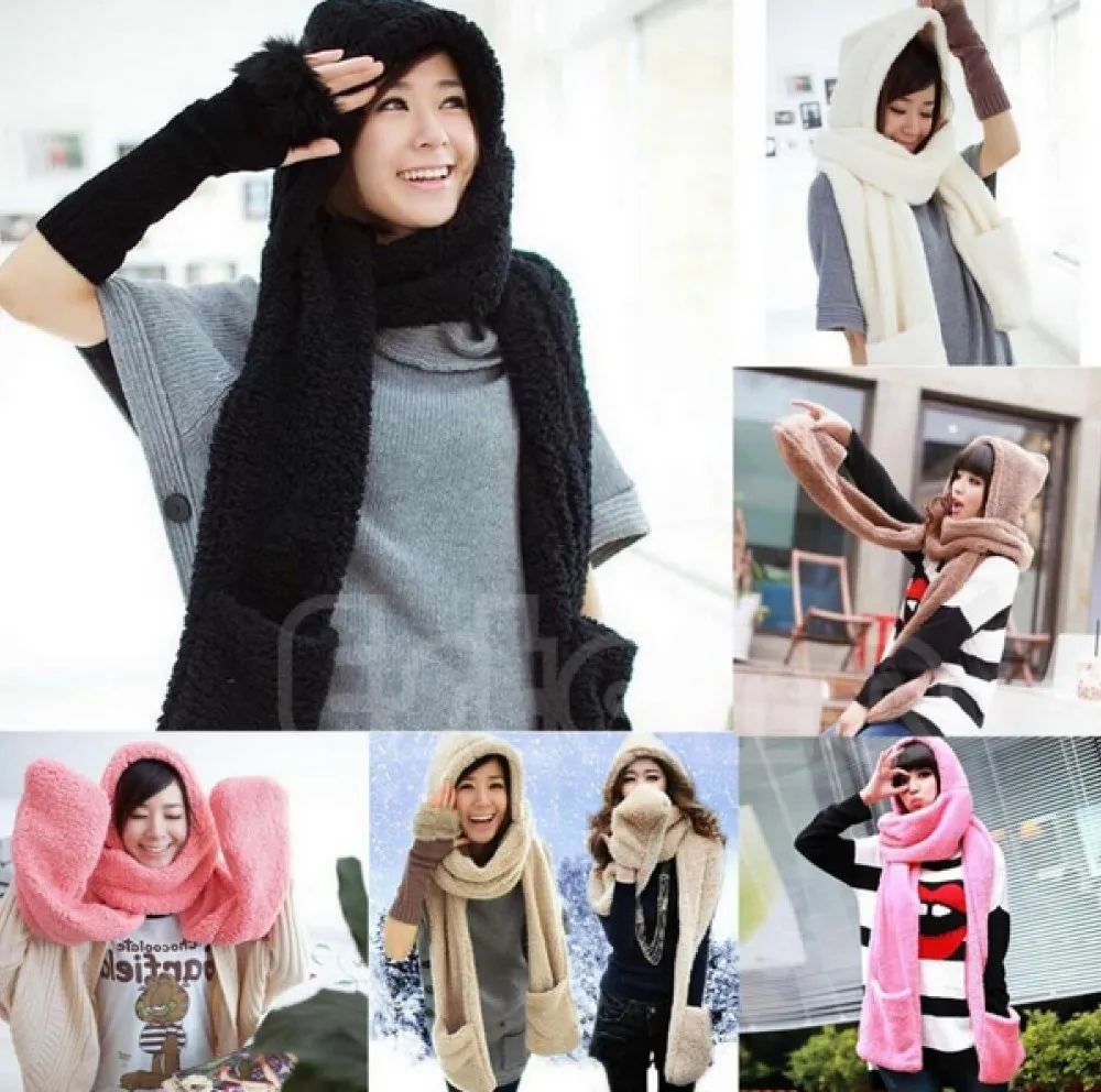 LaMaxPa Модный женский шарф, зимний теплый мягкий плюшевый искусственный мех, шапка с капюшоном, шапка, шарфы, капюшон, карманные перчатки, шарф, женская шапка, e плащ