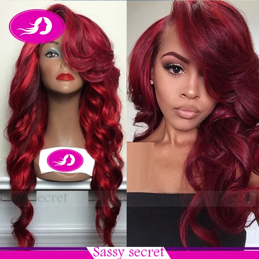 New Brazilian Hair Long Body Wave Wigs Synthetic Lace Front Wigs Red Burgundy Ombre Color Heat