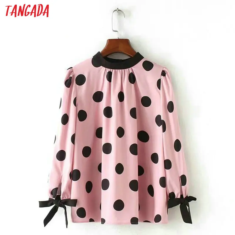 

Tangada women elegant pink shirt bow polka dot korea fashion 2018 loose blouse sleeve office ladies tops XZH114
