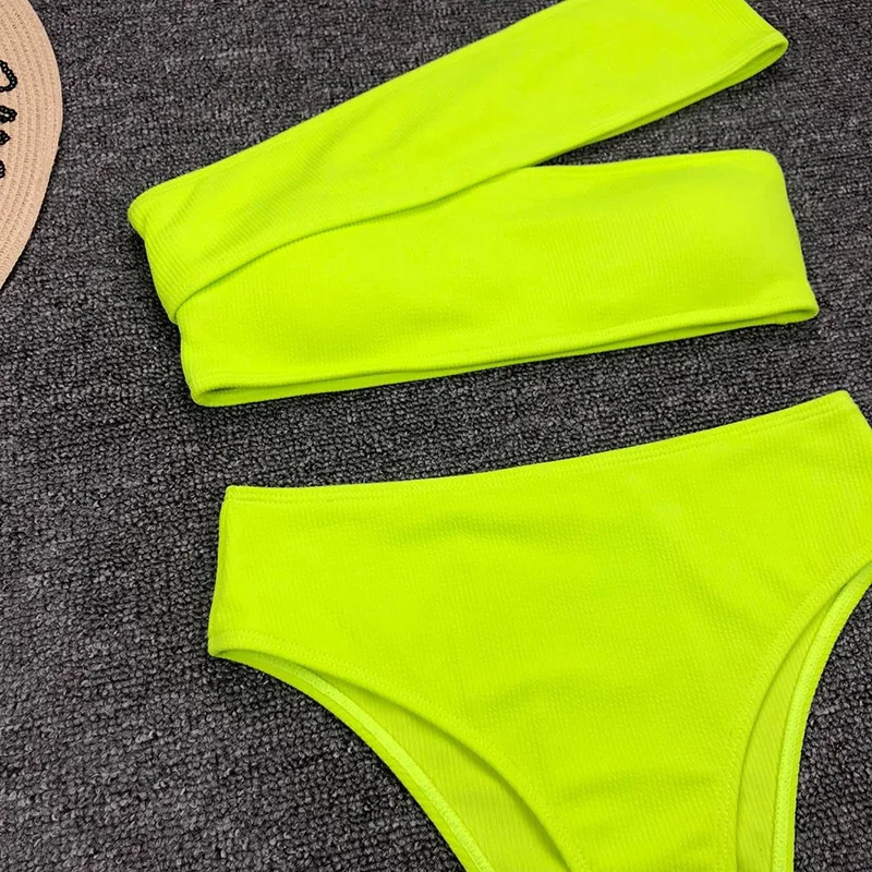 Сексуальный неоновый зеленый бикини с высокой талией, Женский ребристый купальник, на одно плечо, одежда для плавания, Женский комплект бикини, Бразильский купальный костюм