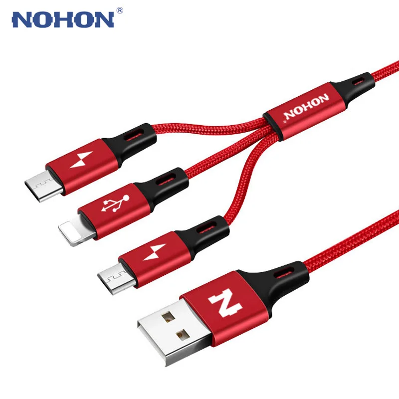 

NOHON Micro Type C 8pin USB Cable For iPhone 7 6 6S Plus iOS 10 9 8 Android Xiaomi Mi5 3 in 1 Cable Fast Charger Nylon Wire