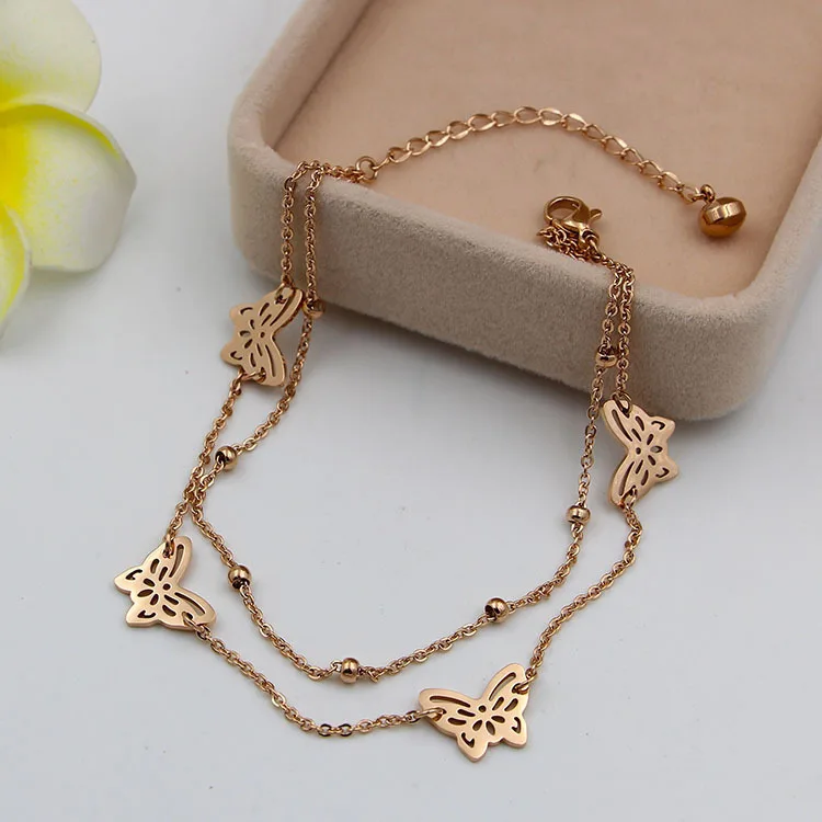 

Martick Butterfly Double Link Chain Anklets 316L Stainless Steel Rose Gold Color For Woman Fashion Jewery Waterproof Ank51