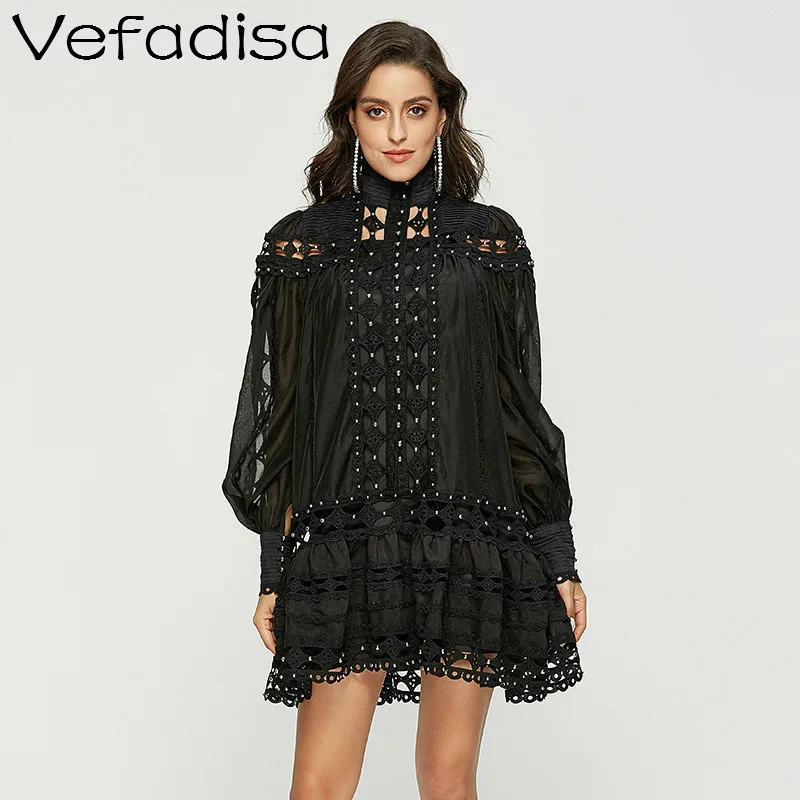 

Vefadisa Women Sexy Hollow Out Dress Women Stand Neck Lantern Sleeve Dress Women Full Length Lace Patchwork Dress ZQY251A