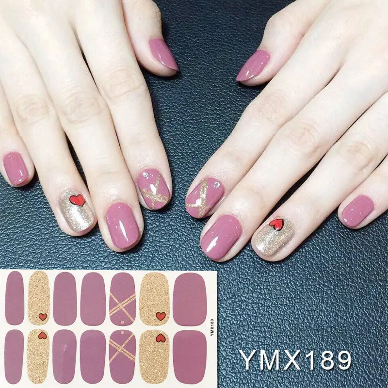 

14tips/sheet Full Cover Wraps Nail Polish Stickers Strips Plain Nail Art Decorations Heart Designs Glitter Powder Manicure Tips