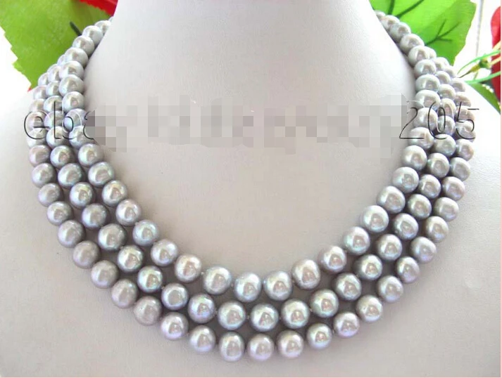

FREE shipping>>>>3rows Natural 9mm Round Gray Pearl Necklace Cameo! 6.07