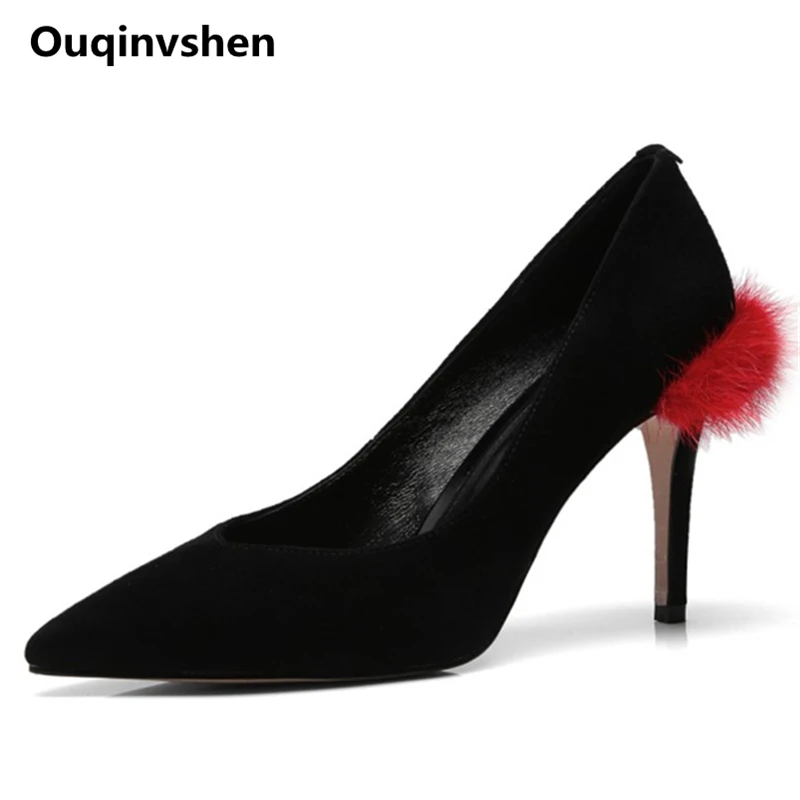 Ouqinvshen Fur Stiletto Women Heels Fashion Casual Kid Suede Black Pumps Shoes Women Thin Heels Woman Shoes 2018 Spring 9CM