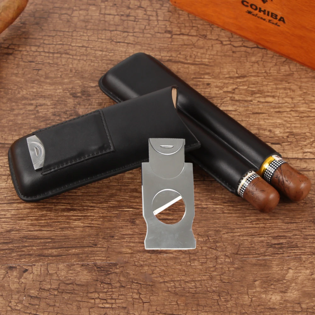 

GALINER Travel Leather Cigar Case With Cigar Cutter Sharp Guillotina Portable 2 Tubes Holder Cigar Humidor Box Accessories Set