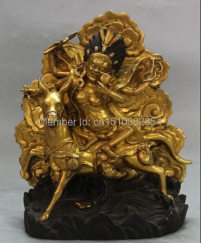 

8" Marked Chinese Purple Bronze 24K Gold White Mammon God On Horse Buddha Statue