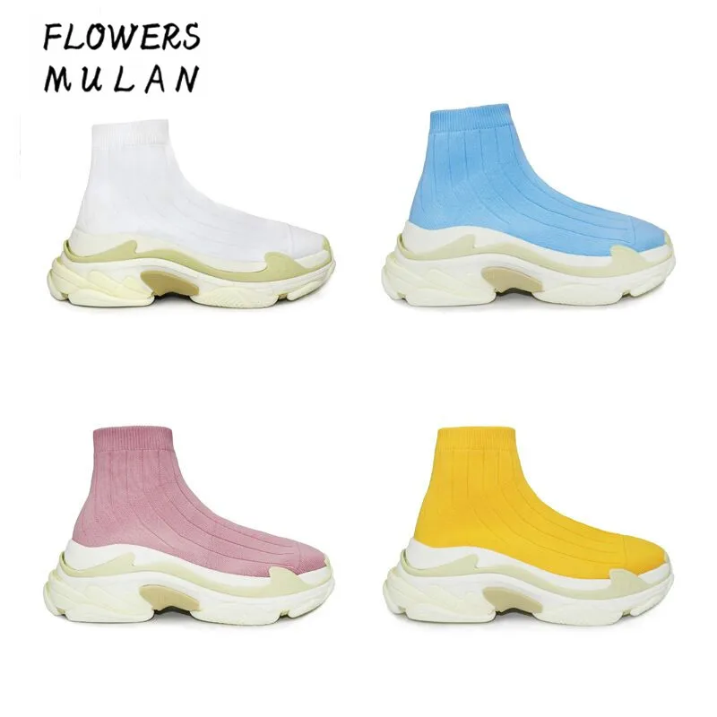 

Candy Colors Pink Blue Yellow Stretch Fabric Women Casual Shoes Slip On Women Platforms Shoes 2018 Fashion Sock Booties Trainers