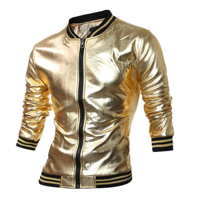 Голографическая Мужская куртка, черное пальто с длинными рукавами и воротником-стойкой, металлические пальто для мужчин s, для ночного клуба, мужские блестящие куртки, уличная одежда - Цвет: Золотой