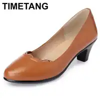 TIMETANG Spring Autumn Med High Heels Women Pumps Genuine Cow Leather Shallow Ladies office Shoes Dress Shoes Big Size 43