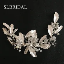 SLBRIDAL ручной работы серебряные Австрийские кристаллы, стразы цветок лист Свадебная заколка заколки Свадебные аксессуары для головных уборов