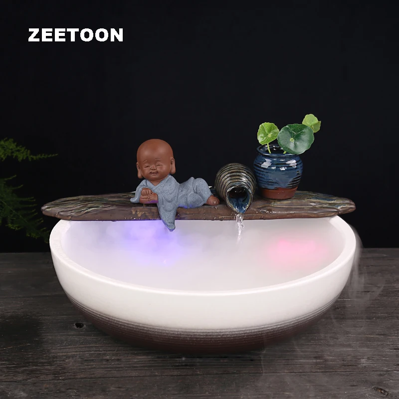 

110-220V Small Monk Water Fountain Atomizer Air Humidifier Feng Shui Lucky Home Decor Office Desktop Fish Pot DIY Water Features