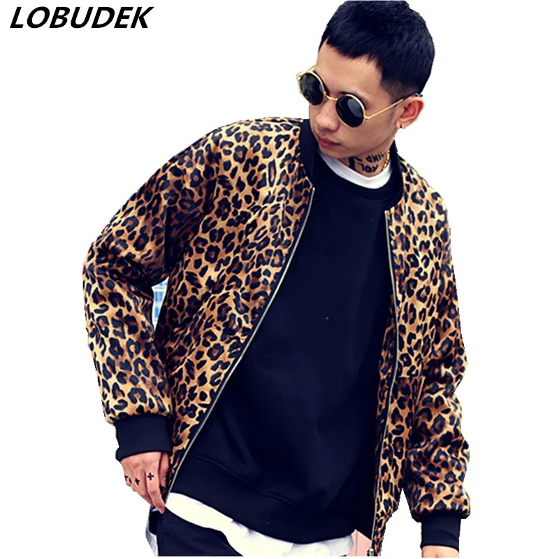 الشتاء سترة الذكور ليوبارد طباعة معطف المد البيسبول سترة شريط ملهى ليلي المغني راقصة المرحلة زي الهيب هوب أداء ارتداء