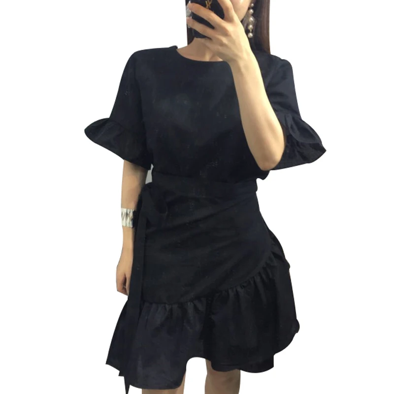 TWOTWINSTYLE платье с оборками для женщин, рукав-лепесток, высокая талия, на шнуровке, необычные мини-платья, женская мода, Корейская одежда