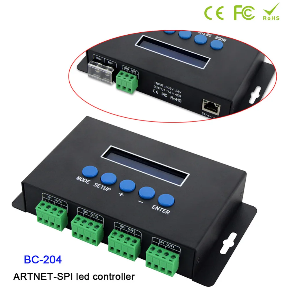 

BC-204;Artnet to SPI/DMX pixel light controller;Eternet protocol input;680pixels*4CH+ One port(1X512 Channels) output;DC5V-24V