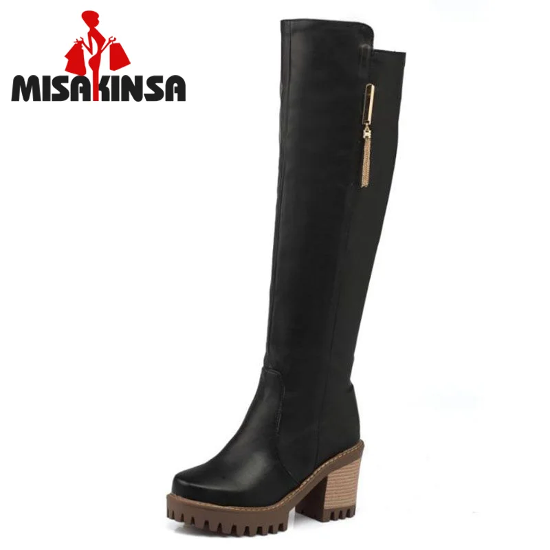 

FITWEE Women Square Heel Knee Boots Vintage Square Toe Zipper Heeled Bota Feminina Woman Warm Fur Shoes Footwear Size 34-43