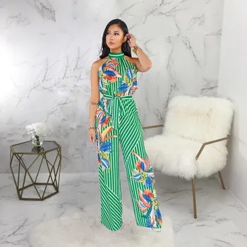 

Women Flora Print Striped Jumpsuit Casual Plus Size Wide Leg Playsuit Halter Lace Up Overalls