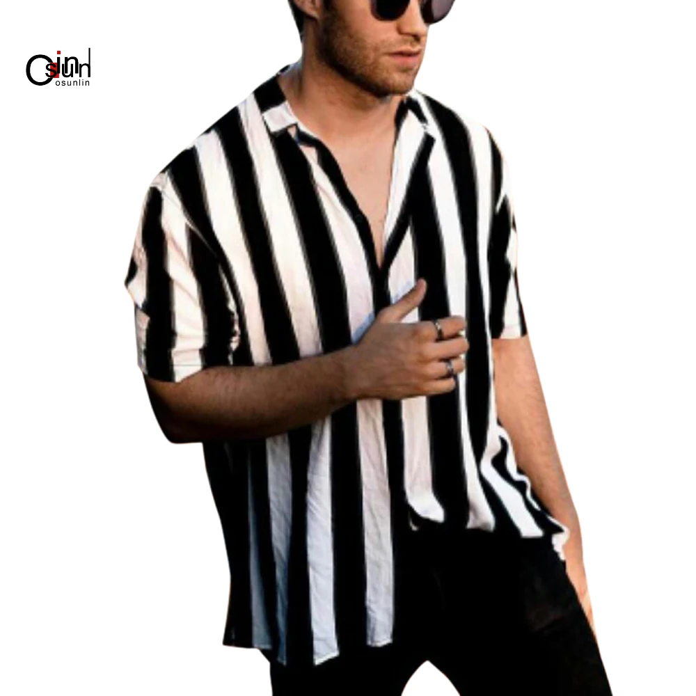 

Osunlin 2019 Men Fashion Short Sleeve Regular Fit Button Down Shirt Smart Casual Vertical Striped Shirt Male Shirts Camisa