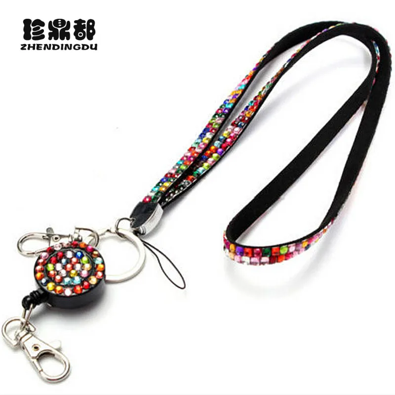 

Neck Bling Rhinestone Lanyard Retractable Strap Badge Reel Phone Key Holder Sweater Chain Long Pendant Necklace Glitter Design