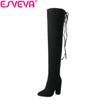 

ESVEVA 2018 Women Boots Slim Look Over The Knee Boots Sexy Square High Heel Winter and Autumn Concise Ladies Boots Size 34-43