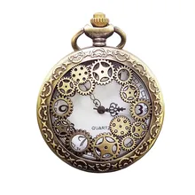 Античная медь стимпанк кварцевые карманные часы винтажные бронзовые шестерни полые ожерелье кулон часы с цепочкой для мужчин и женщин Подарки