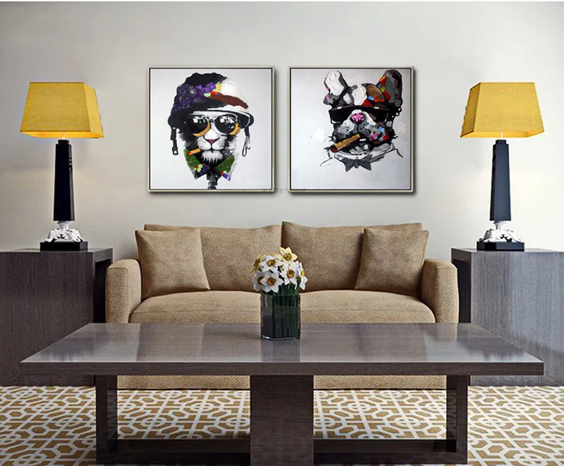 

2 pieces handmde painting cat and dog portrait with glasses on oil painting canvas for home decor and wall poster, gallery