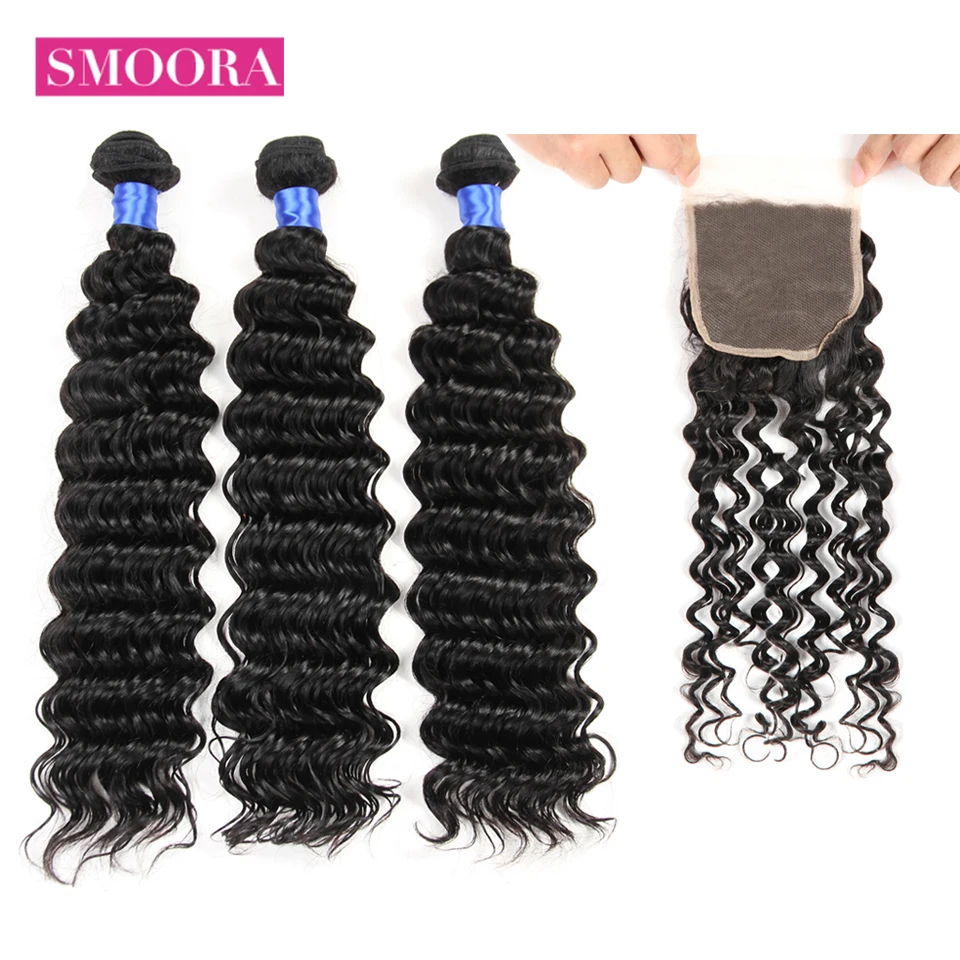 

Smoora Hair Indian Deep Wave 3 Bundle Human Hair Extensions Weaving Hair with Lace Closure Non Remy Hair Weft 325g-350g/Lot