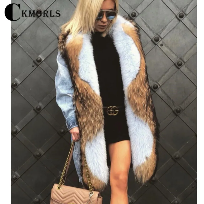 CKMORLS новая джинсовая куртка с лисьим мехом и воротником из меха енота для | Отзывы и видеообзор