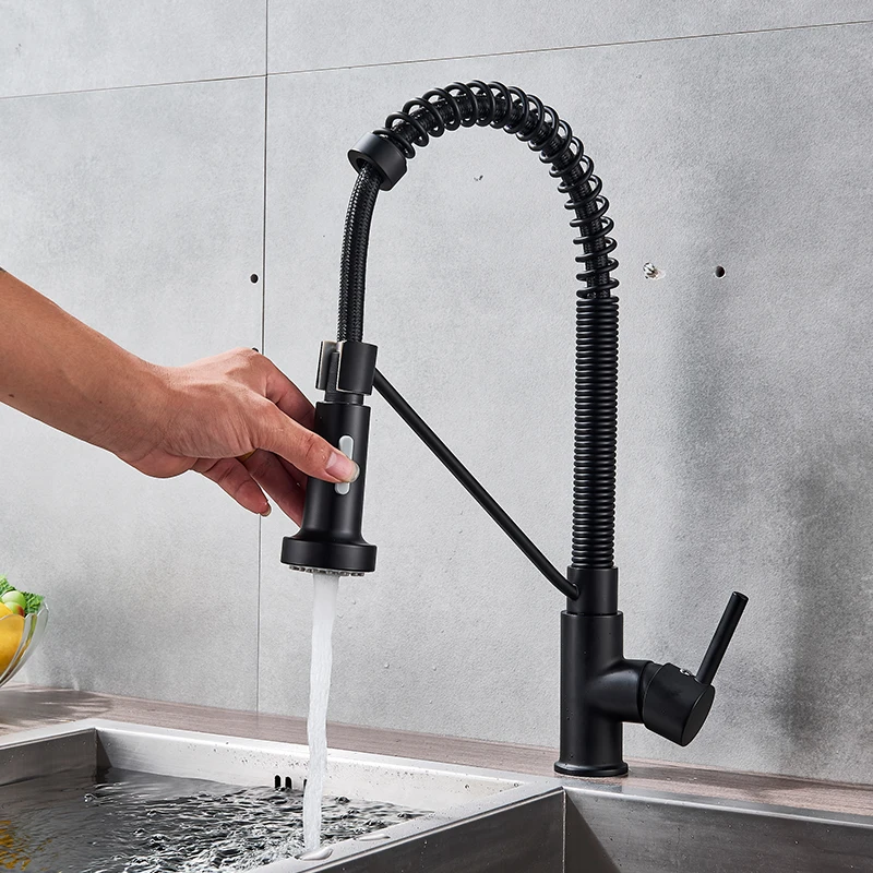 Quyanre-Matte-Black-Pull-Down-Kitchen-Spring-Faucet-Single-Level-Mixer-Tap-360-Rotation-2-way5 