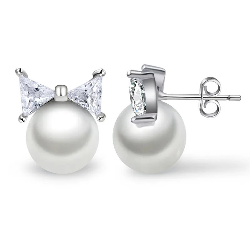 

925 Sterling Silver Sparkling Bow Freshwater Pearl Stud Earrings With Clear CZ Original Jewelry Brincos