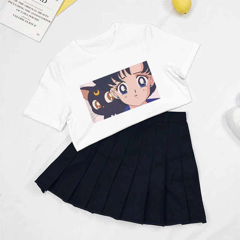 Милая футболка Сейлор Мун, летняя мода, Harajuku, большой размер, S-2XL, короткий рукав, принт с героями мультфильмов, буквы, топы, футболки