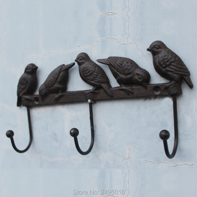 Cast Iron Birds On Branch Hanger With 3 Hooks Decorative Cast Iron Wall Hook Rack For Coats
