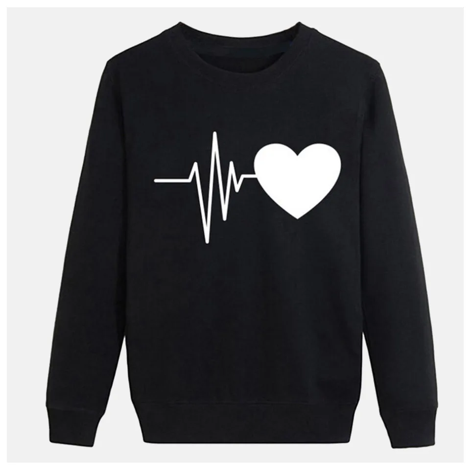 

Sweatshirt Heart Pullover Hoodie Poleron Mujer 2019 Heartbeat Black And White Hoodie Harajuku Autumn Long Sleeve Hoodies Women