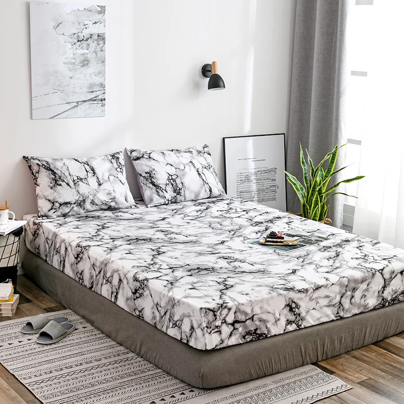 Super soft Marble printed Fitted Sheet Mattress Cover with All-around Elastic Rubber Band Bed Sheet Hot Selling Bed Linens